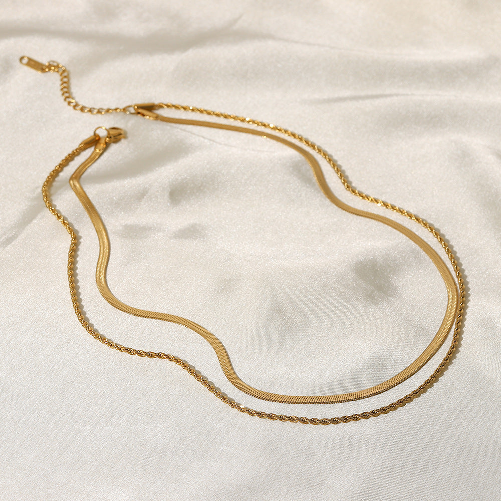 Minimalist 18K Gold Plated Double Layer Blade Snake Chain Necklace Geometric Stainless Steel Jewelry for Women