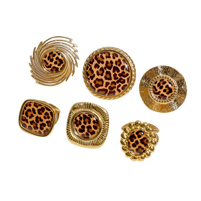 Luxury Leopard Print Geometric Plated Stainless Steel Open Ring for Women