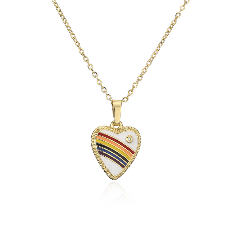 Rainbow Gradient Drip Oil Heart 18K Gold Plated Brass Necklace Cable Chain