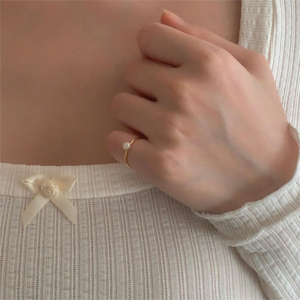 Minimalist Sweet 925 Sterling Silver Round Inlaid Pearl Ring for Women