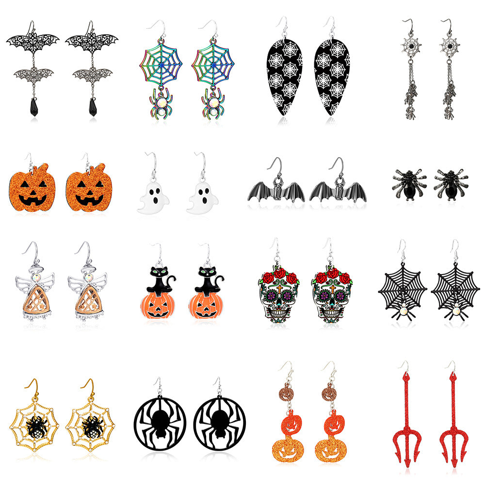 Pendientes de Araña y Calavera con Temática de Halloween y Motivo de Calabaza en Aleación con Acabado Chapado en Oro para Uso Unisex