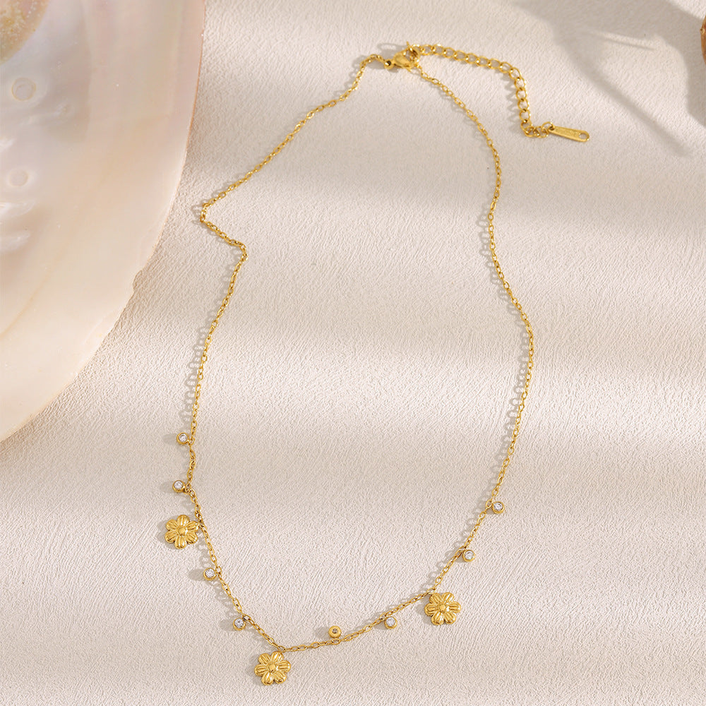 Minimalist Floral Pendant Necklace in Stainless Steel with 18K Gold Plating and Zircon Accents on O-Chain for Women