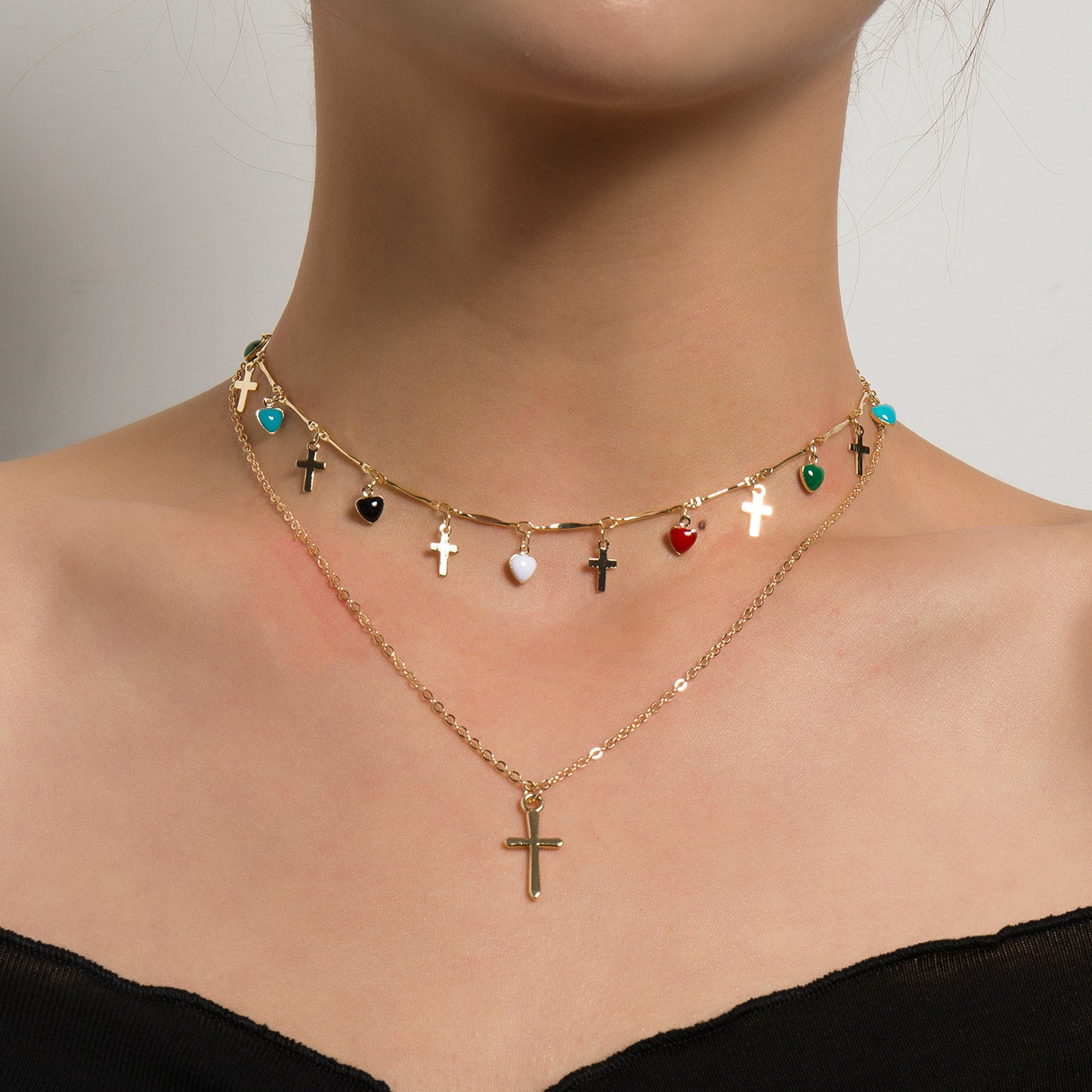 Minimalist Cross Heart Geometric Alloy Necklace with Colorful Rhinestone Enamel Drop, Plated Regular Chain for Women