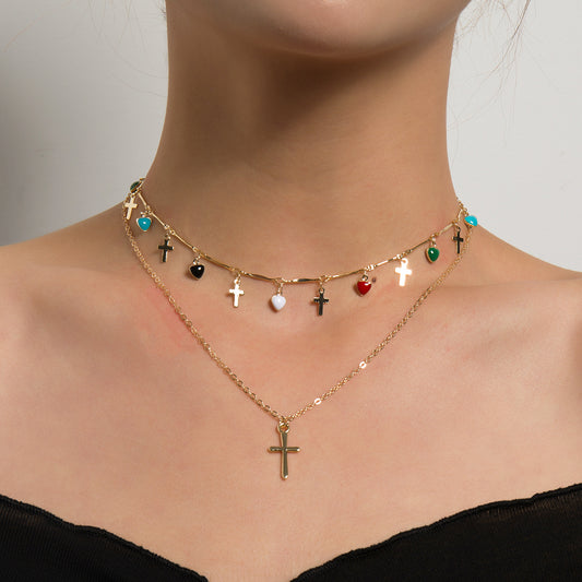 Collana Minimalista a Croce, Cuore Geometrico in Lega con Goccia in Strass Colorati Smaltata, Catena Regolare Placcata da Donna
