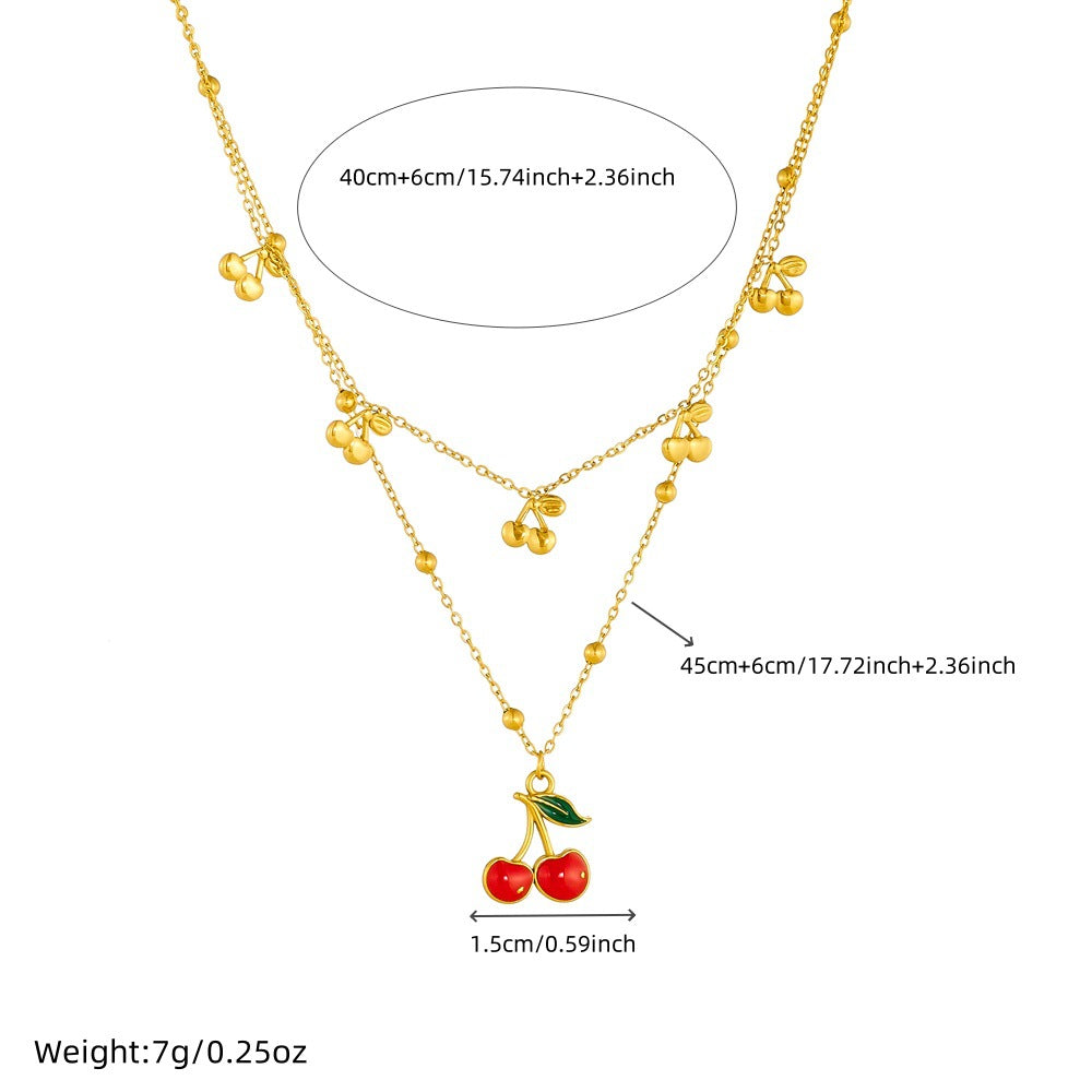Cherry-Shaped Pendant Necklace in Stainless Steel with Plated Finish, O-Chain Design for Women