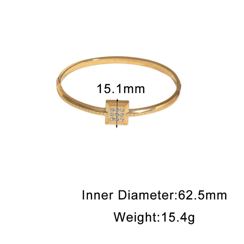 Minimalist Elegant Gold Plated Geometric Square Stainless Steel Bracelet with Rhinestone