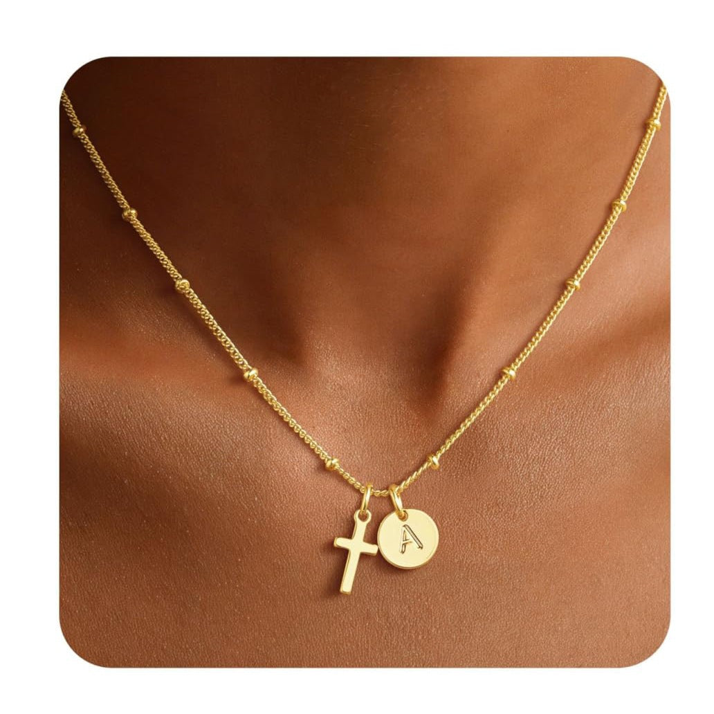 Luxury Elegant Stainless Steel Plated Cross Letter Pendant Necklace Ball Chain Women's Jewelry