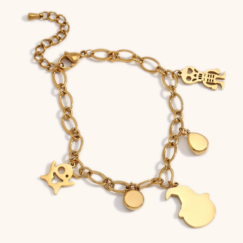 Fashionable Cartoon Pumpkin Skull Pendant Bracelet in Stainless Steel with 18K Gold Plating for Halloween and Travel Souvenirs