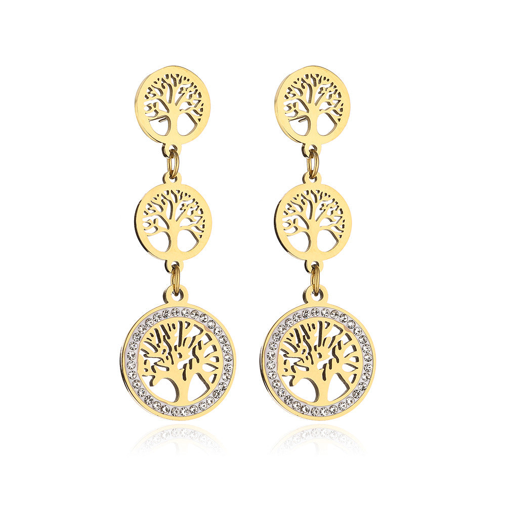 Minimalist Geometric Titanium Steel Earrings for Women with Rhinestone Tree Inlay and Plated Finish