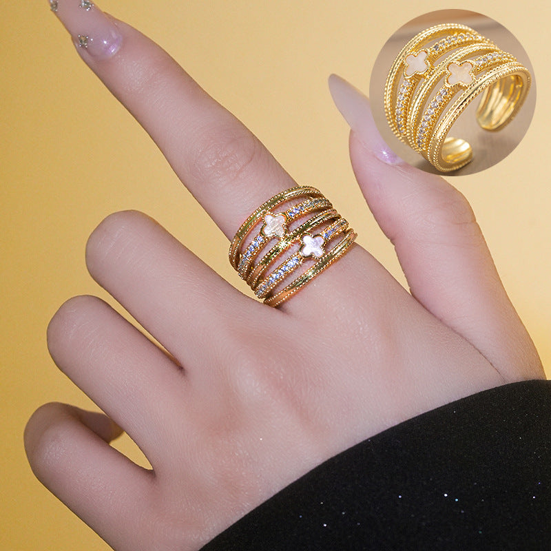 Luxury Minimalist Geometric Flower Ring for Women with Zircon Inlay in Gold-Plated Copper Adjustable Band
