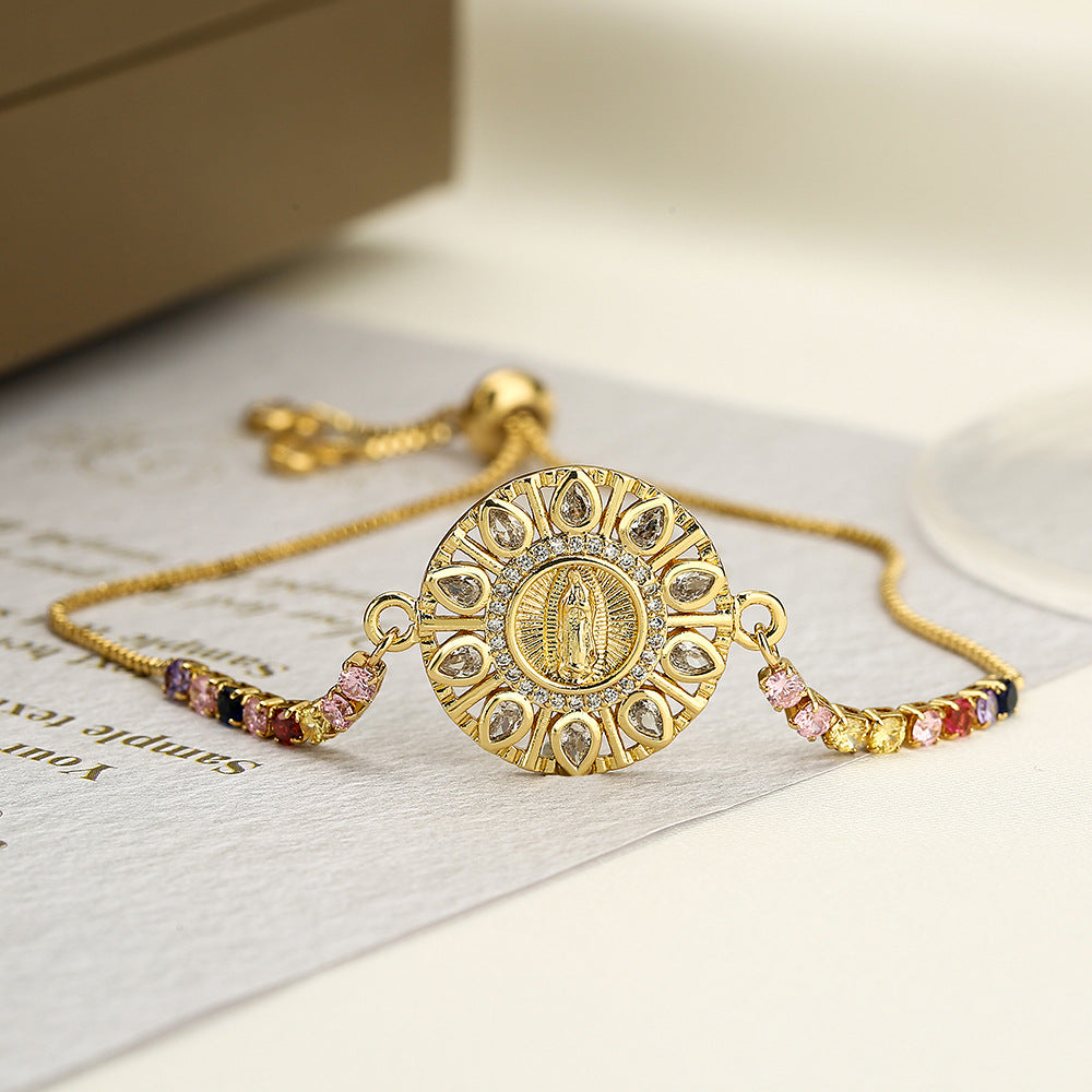 Bracciale geometrico vintage in rame da donna con zirconi micro-incastonati e ciondolo della Vergine Maria
