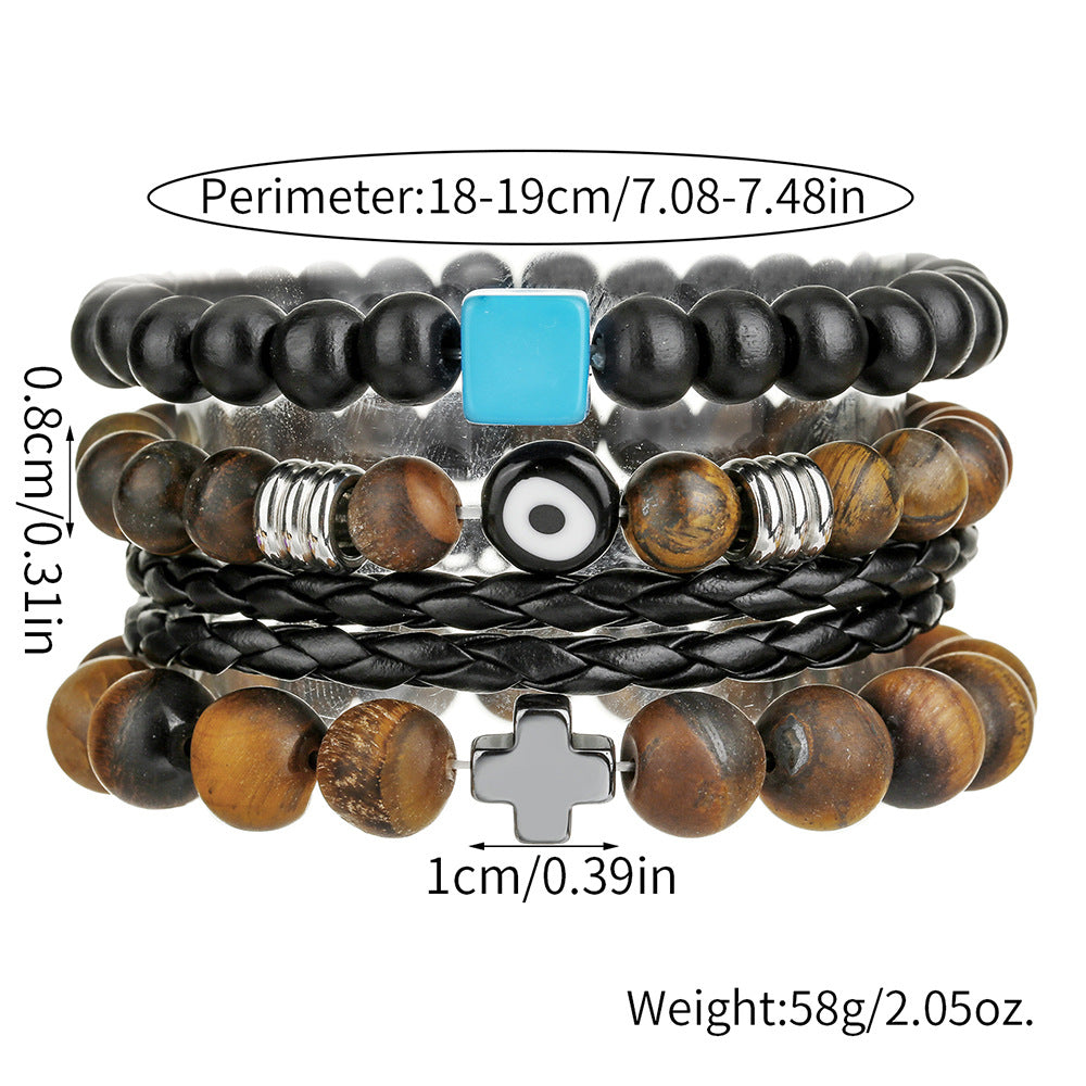 Vintage Geometric Tiger's Eye and Hematite Leather Bracelet Set with Cross Charm for Men and Women