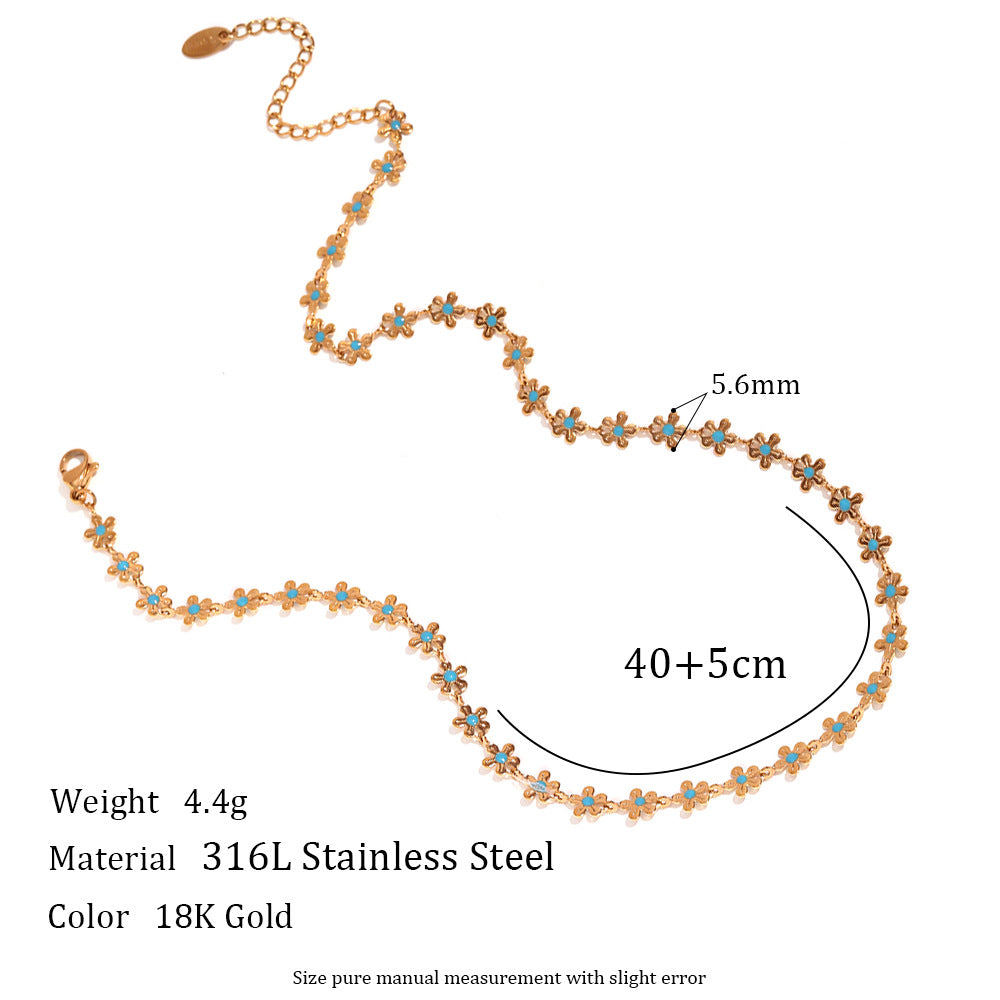 Elegante Collar Hecho a Mano para Mujer con Diseño Floral Geométrico Vintage, Acero Inoxidable con Baño de Oro de 18K y Esmalte Azul, con Pequeña Flor