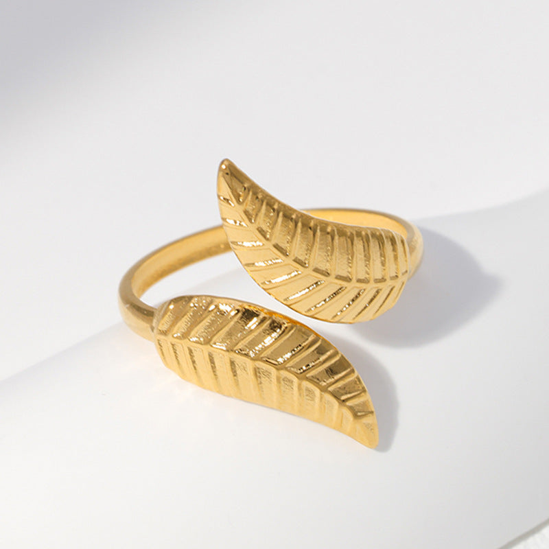 Minimalist Leaf-Shaped Stainless Steel Open Ring for Women with Plated Finish