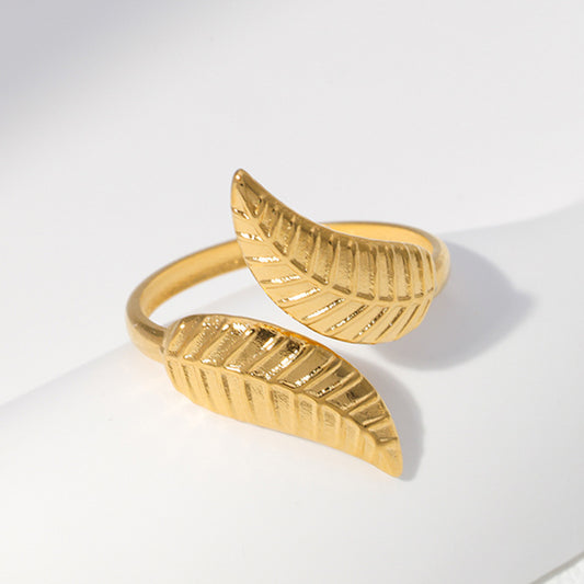 Minimalist Leaf-Shaped Stainless Steel Open Ring for Women with Plated Finish
