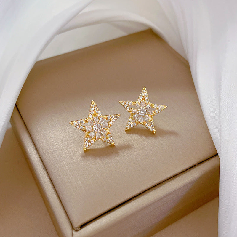 Luxury Titanium Steel Geometric Star and Flower Pendant Necklace Set with Rhinestone Inlay for Women Formal Events