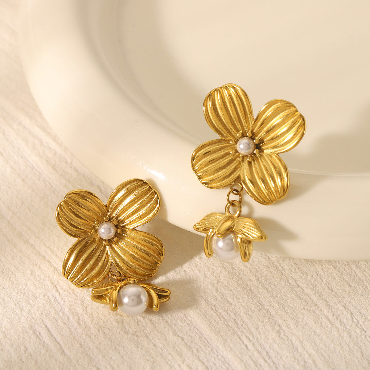 Vintage Floral Geometric Stainless Steel Earrings with 18K Gold Plating and Pearl Accents for Women