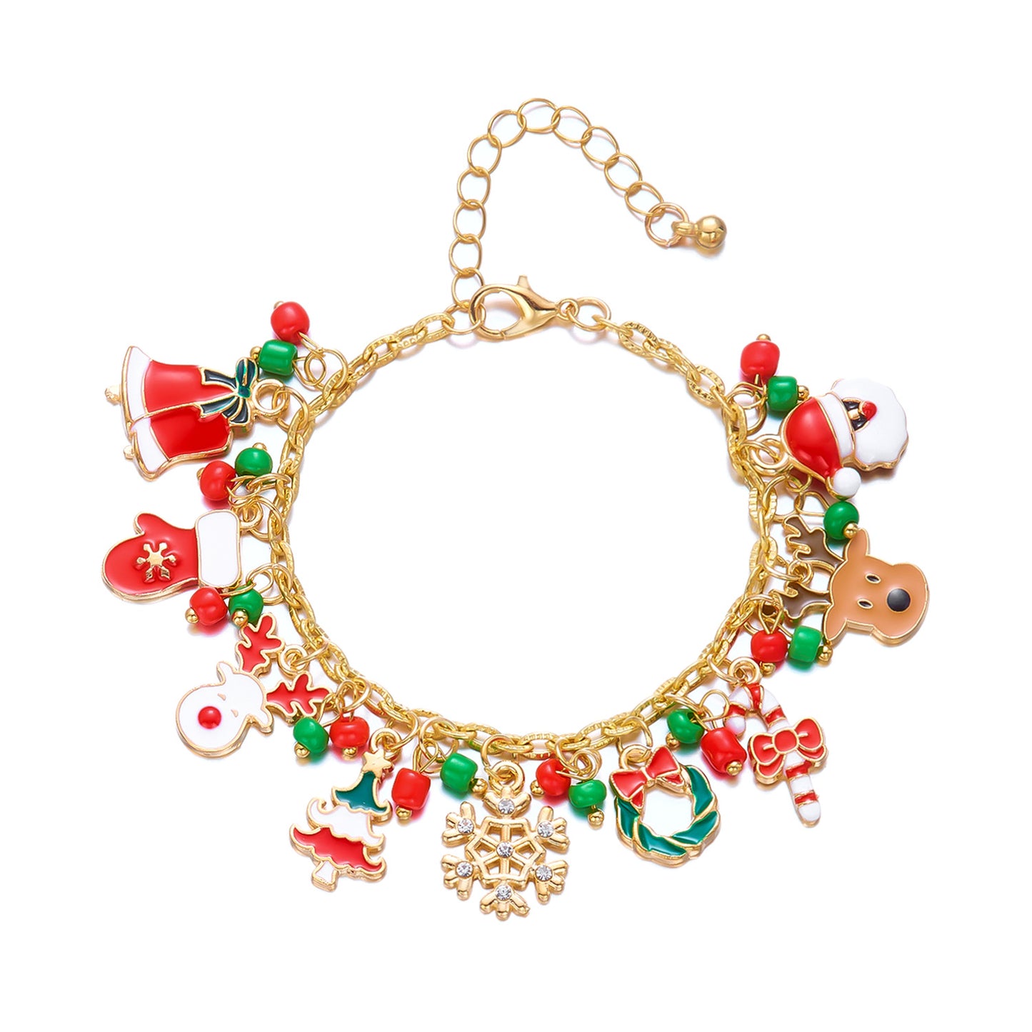 Pulsera de aleación con temática navideña con dijes de muñeco de nieve, reno, copo de nieve, hombre de jengibre, bastón de caramelo, cristal y cuentas, acabado chapado