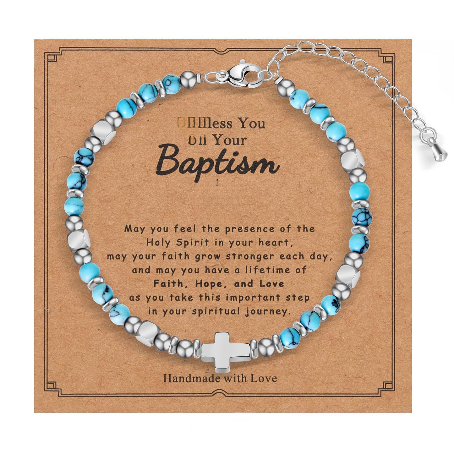 Minimalist Cross Stainless Steel Ball Chain Bracelet with Pink Crystal and Blue Turquoise for Women