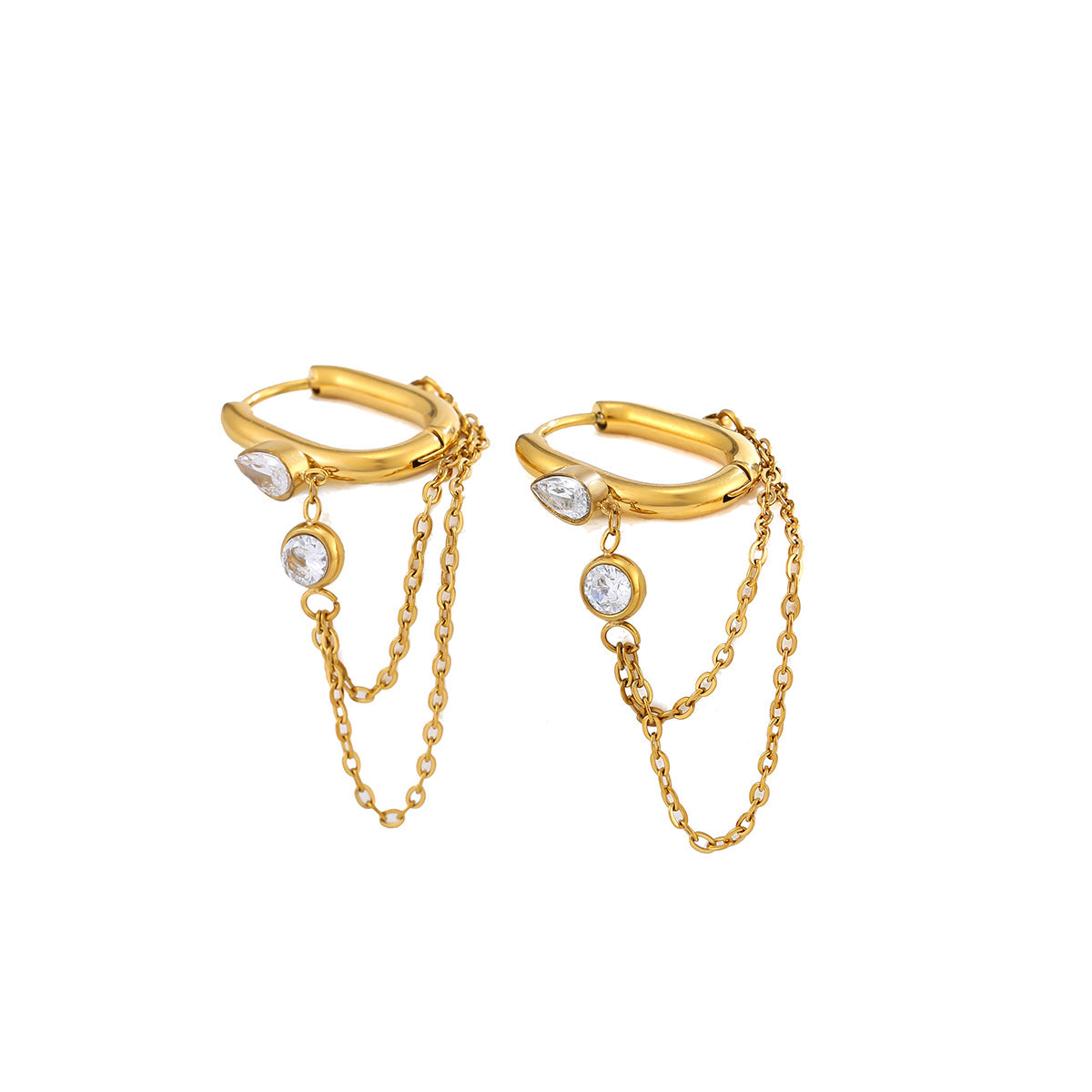 Minimalist Geometric Teardrop PVD Stainless Steel Chain Rhinestone Drop Earrings for Women
