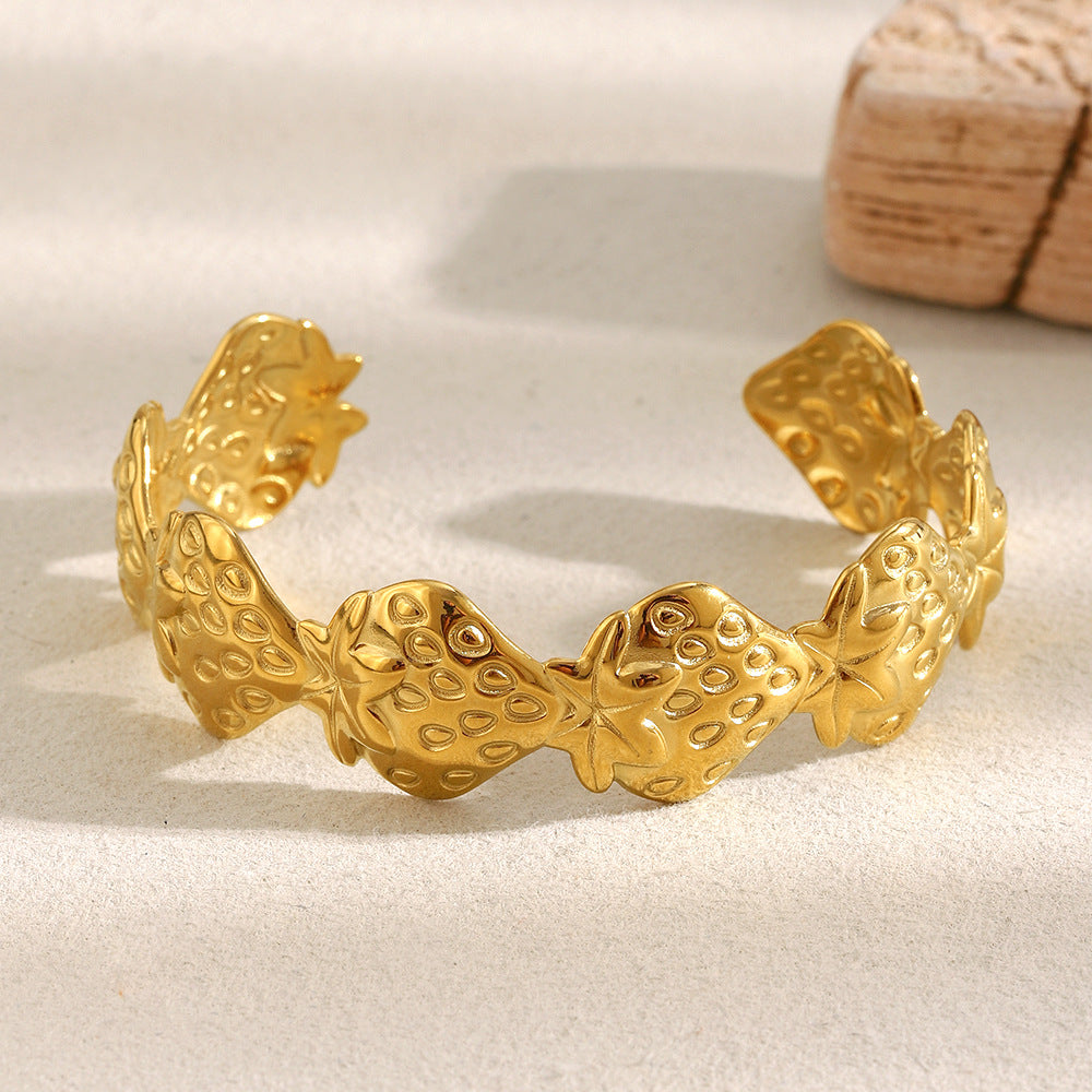 Minimalist Geometric Open Bangle Bracelet in Stainless Steel with 18K Gold Plating and Strawberry Charm