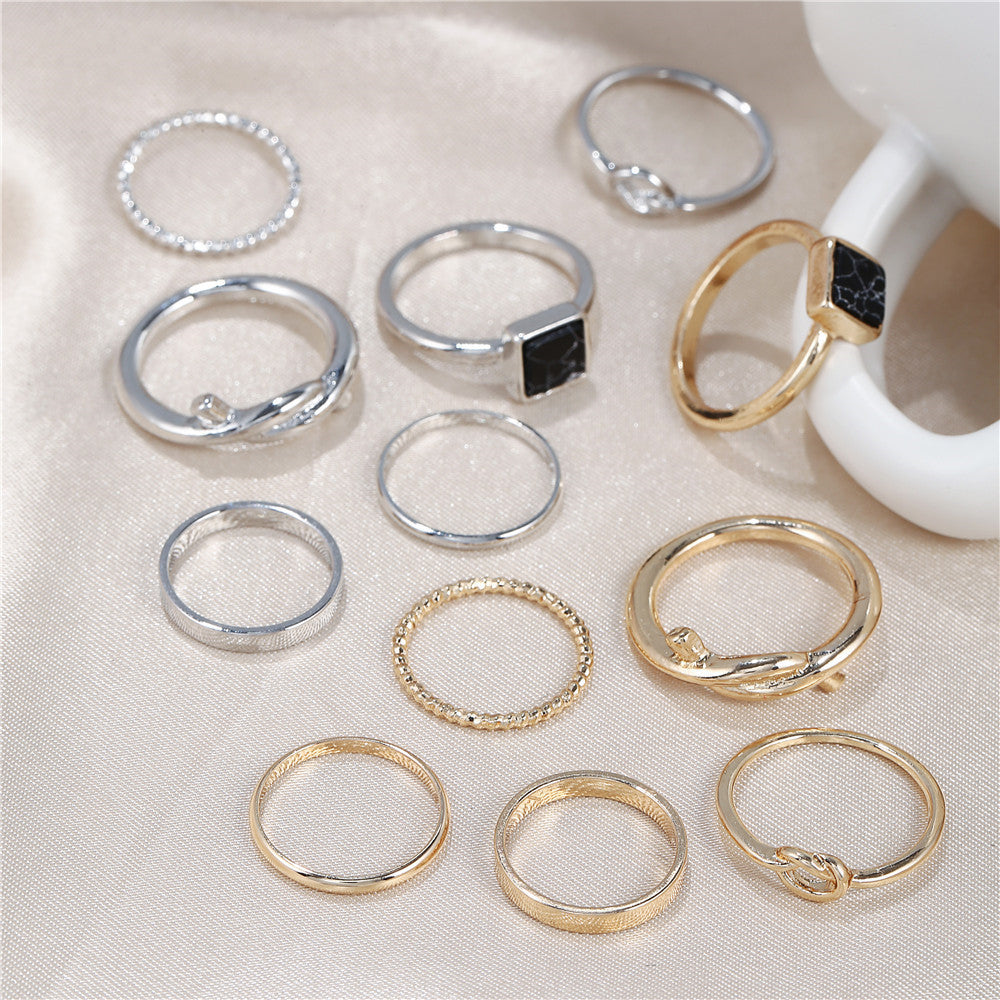 Sweet Geometric Round Turquoise Inlay Plated Alloy 6-Piece Open Ring Set for Women