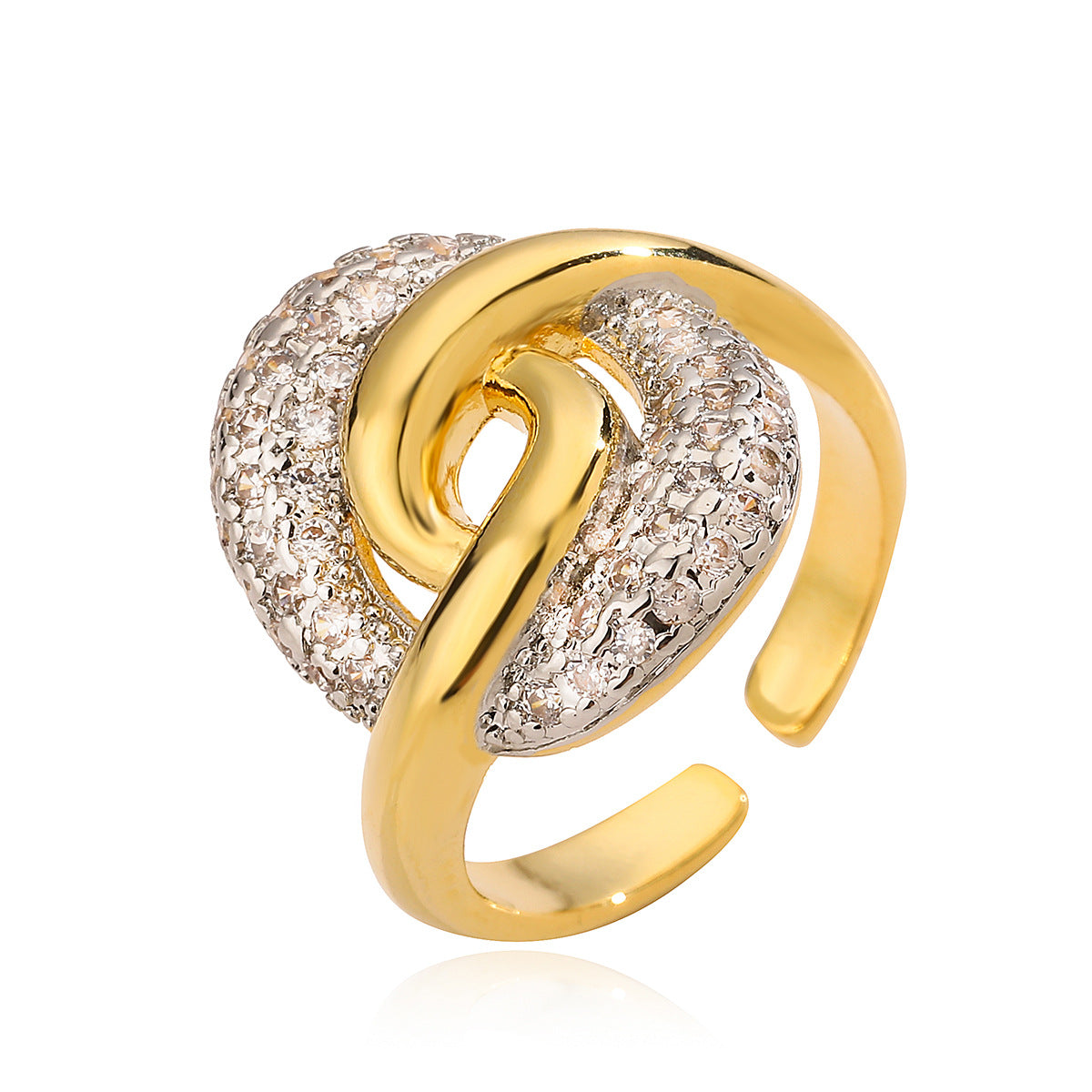 Anello Aperto Geometrico alla Moda da Donna con Base in Rame Placcata in Due Tonalità e Intarsio di Zirconi
