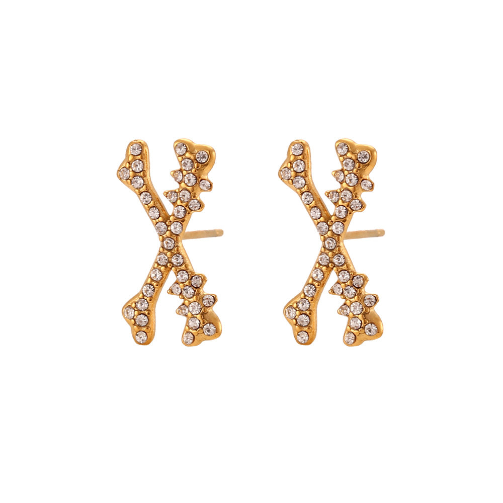 Minimalist Fashion Geometric X-Shaped Stainless Steel Hoop Earrings with Rhinestone Inlay for Women