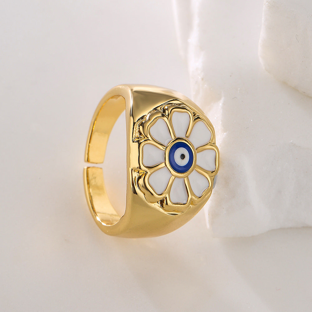 Bohemian Copper Ring with 18K Gold Plating and Enamel Floral Design for Women