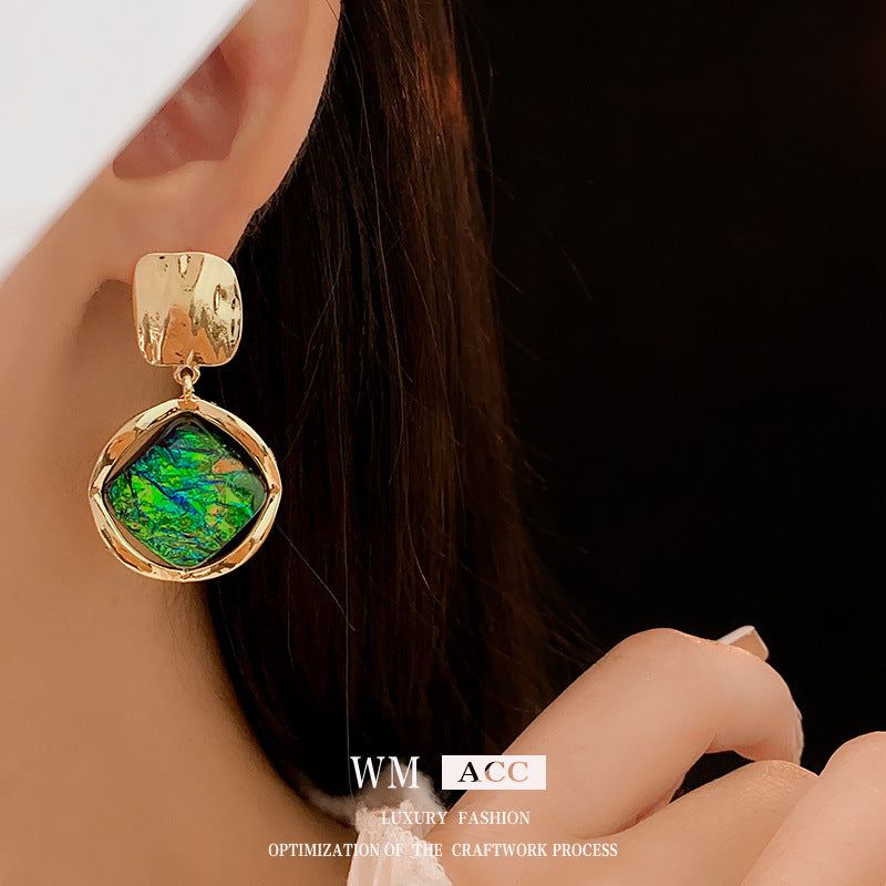 Vintage Geometric Resin Earrings with Stainless Steel Posts in Green Color, Electroplated Alloy, Minimalist Fashion Jewelry for Women