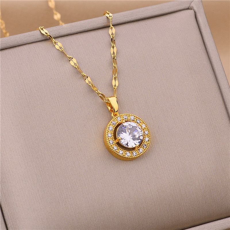 Collana girocollo rotonda alla moda in acciaio al titanio con intarsio di strass e placcatura in oro da donna