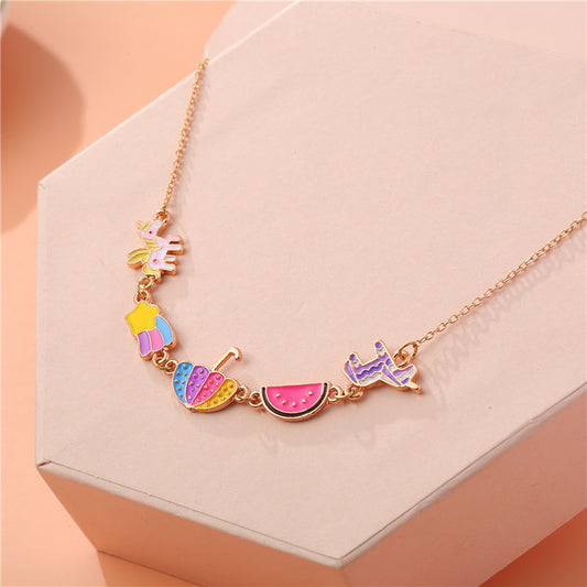 Sweet Style Umbrella and Watermelon Pendant Necklace for Girls Alloy Chain with Enamel Finish
