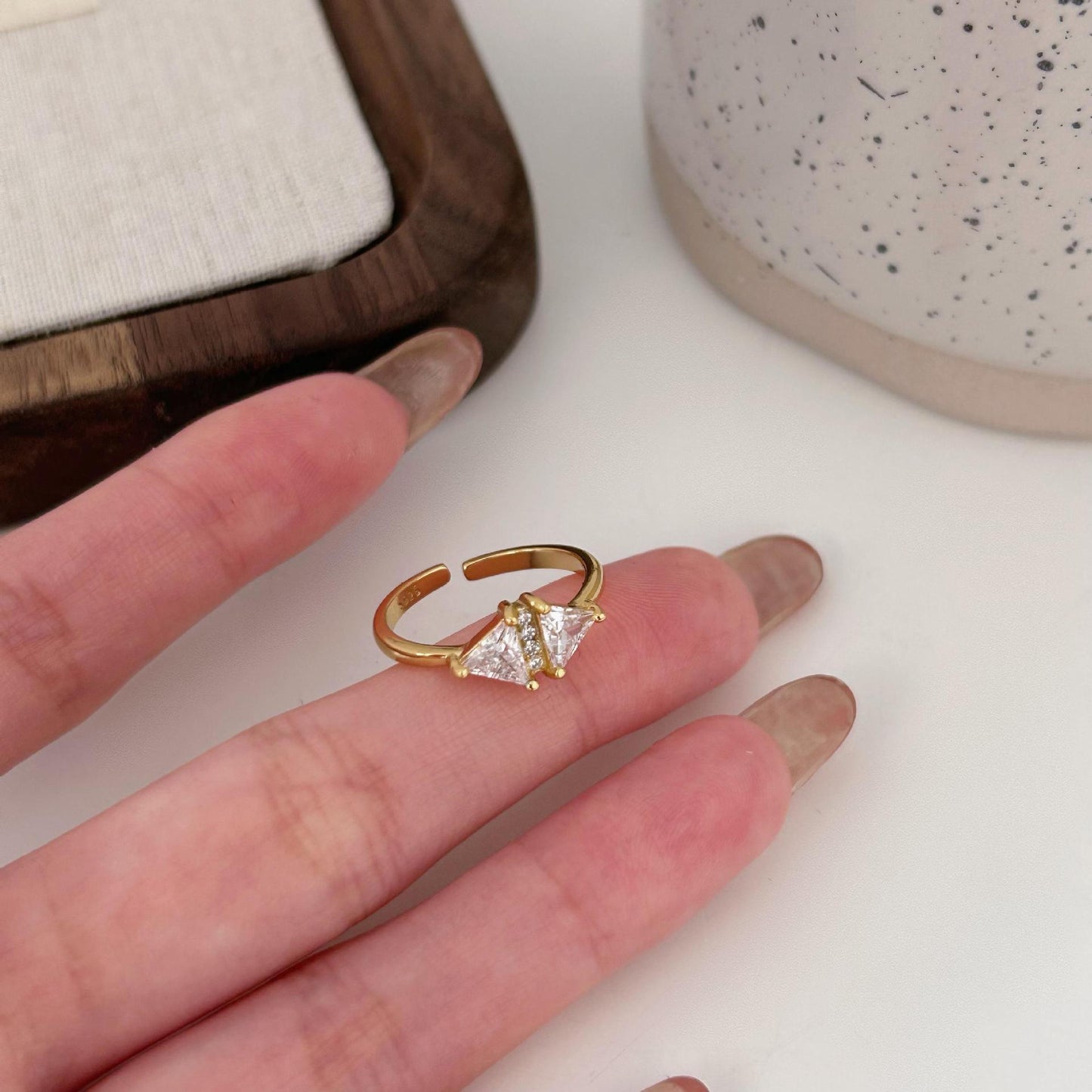 Minimalist 925 Sterling Silver Gold Plated Triangle Geometric Ring with Cubic Zirconia