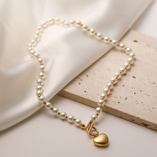 Minimalist Gold Plated Titanium Steel Heart Pearl Pendant Necklace for Women