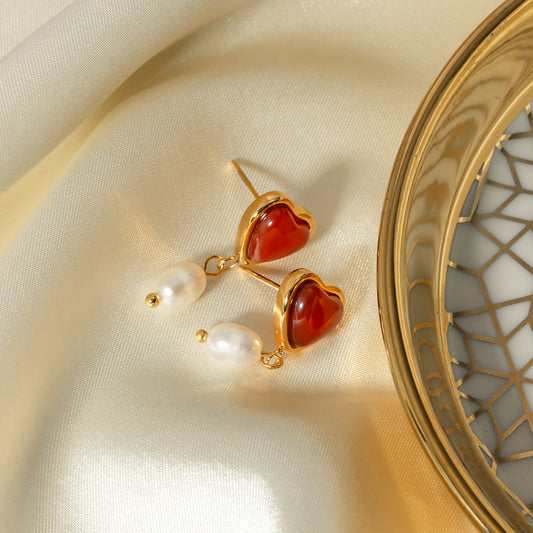 Geometric Stainless Steel Earrings with 18K Gold Plating and Red Agate Heart Inlay for Women
