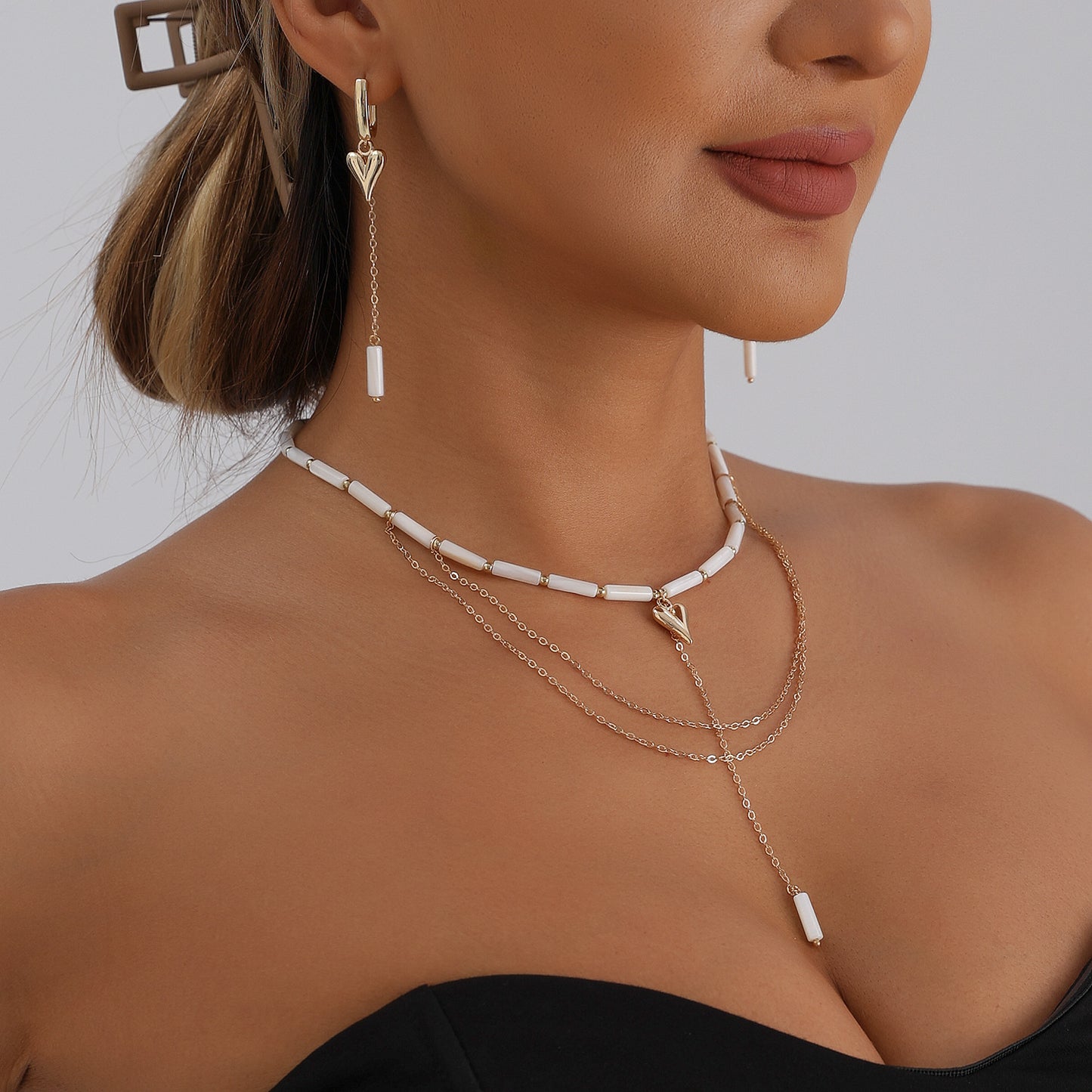Geometric Heart Beaded U-Shape Tassel Alloy Necklace for Women