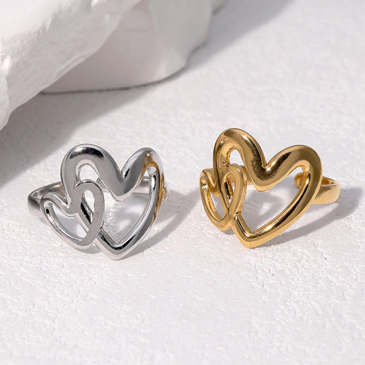 Anello aperto a forma di cuore in acciaio inossidabile placcato oro 18 carati da donna, stile minimalista
