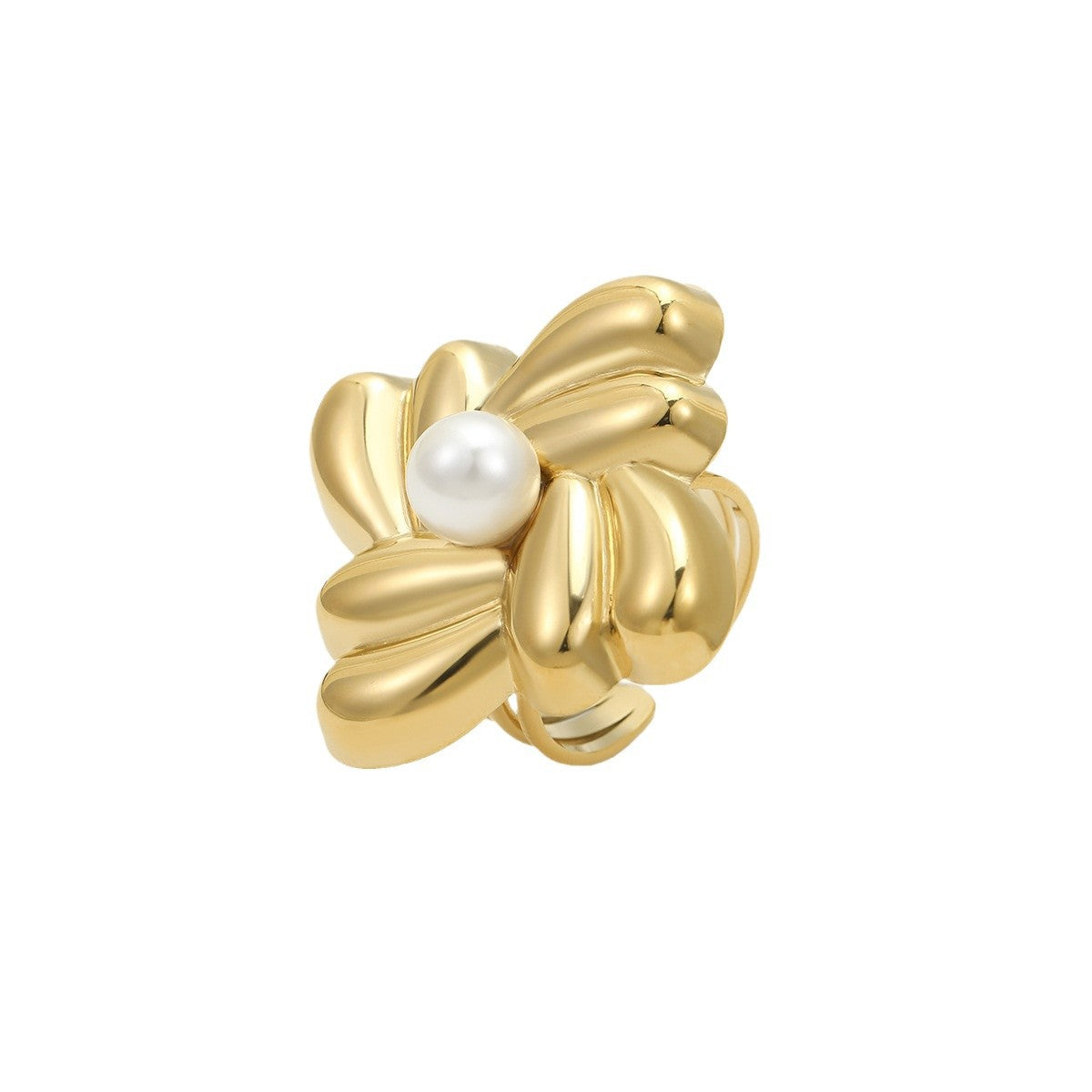 Anillo de acero de titanio cuadrado geométrico con baño de oro e incrustaciones de perlas para mujer
