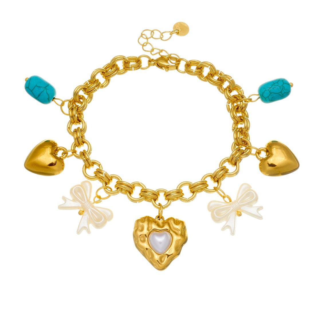Fashion Cartoon Heart Bow Pearl Plated Stainless Steel Charm Bar Bracelet for Women