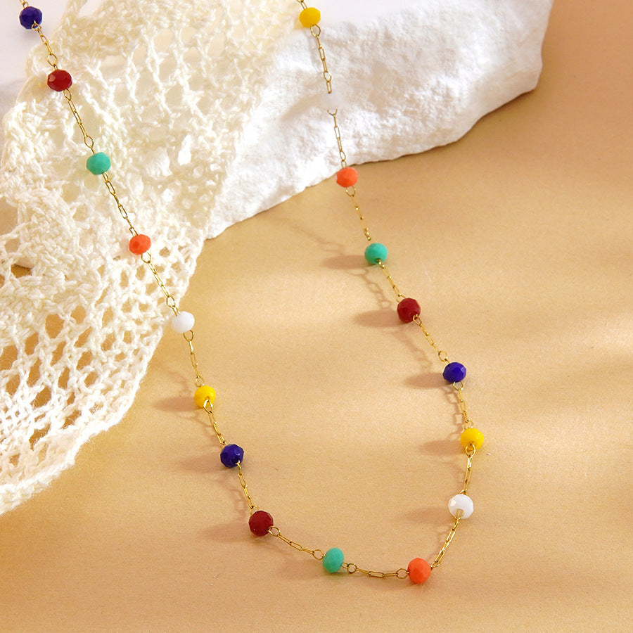 Collana da donna lussuosa geometrica rotonda placcata in acciaio inossidabile con perline colorate