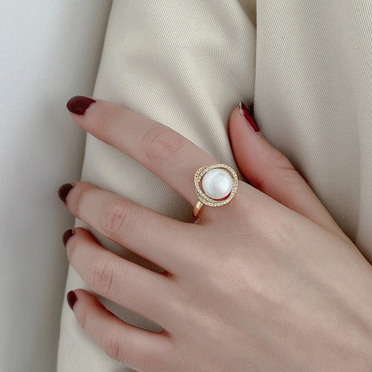 Elegant Geometric Alloy Ring for Women with Micro-Pavé Gold Plating and Pearl Accent, Minimalist Index Finger Band or Pinky Ring