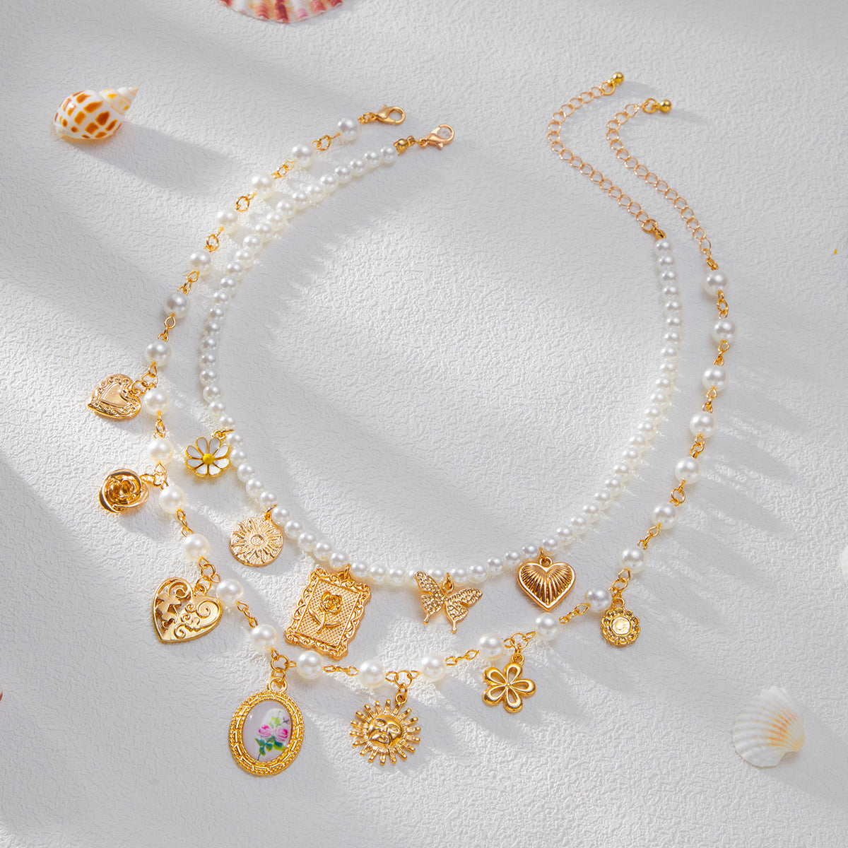 Sweet Geometric Butterfly Heart Zinc Alloy Plated Necklace with Pearl Beads for Women
