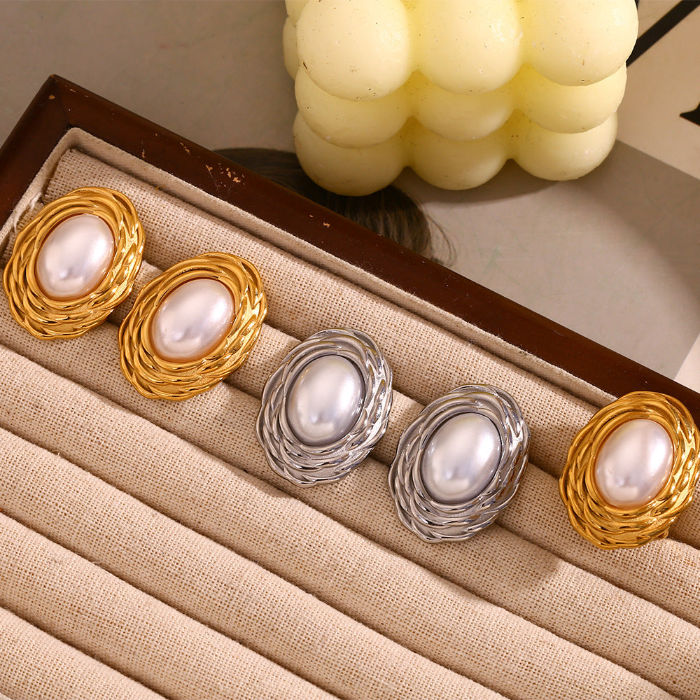 Anello da Donna Elegante in Acciaio Inossidabile d'Ispirazione Vintage, Placcato Oro 18K, con Motivo a Spiga e Forma Ovale