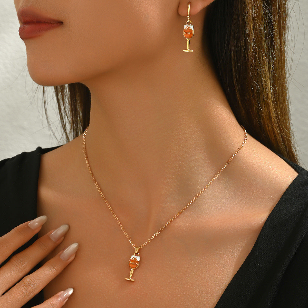 Minimalist Wine Glass Pendant Necklace and Earrings Set in Alloy with Enamel Finish for Women