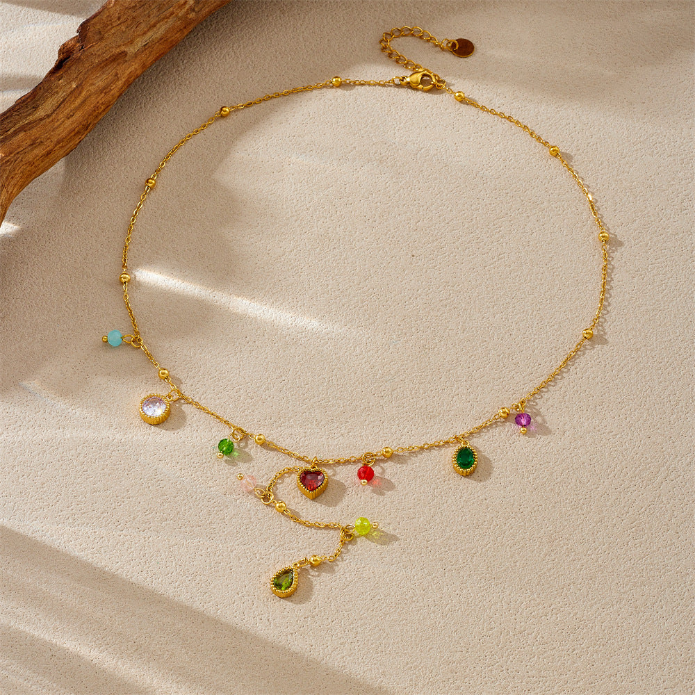 Minimalist Gold Plated Stainless Steel Heart Teardrop Geometric Rhinestone Y-Necklace for Women