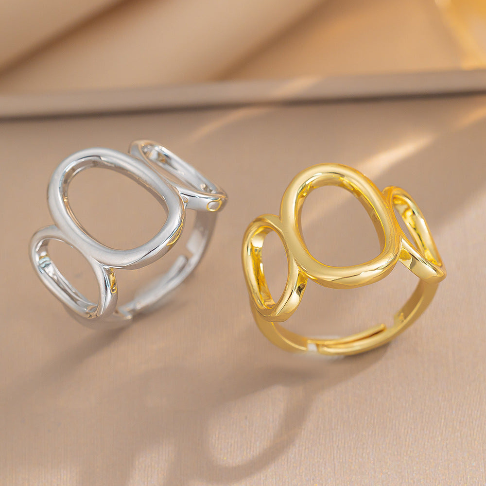 Minimalist Geometric Hollow-Out Stainless Steel Ring for Women with Gold Plating
