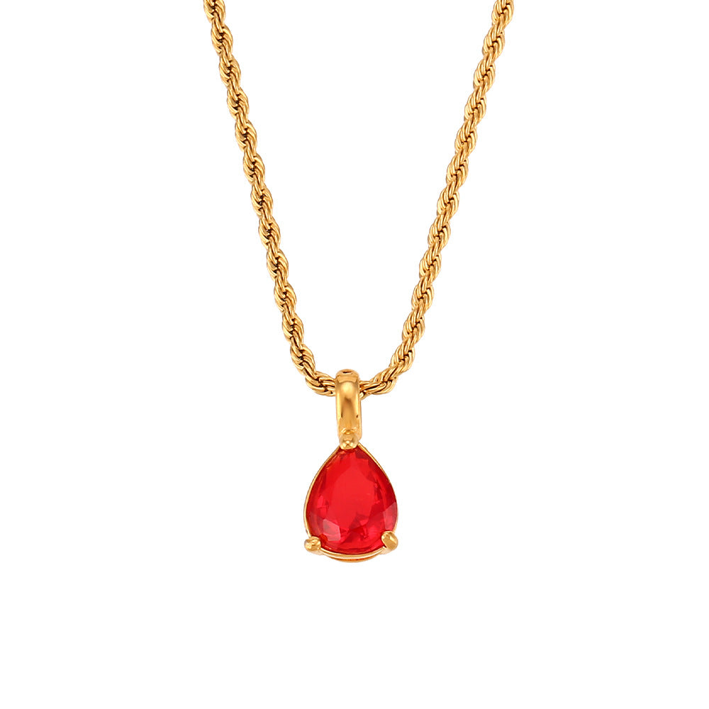 Fashionable Vintage Geometric Stainless Steel Twisted Rope Necklace with Teardrop Rhinestone Pendant for Women