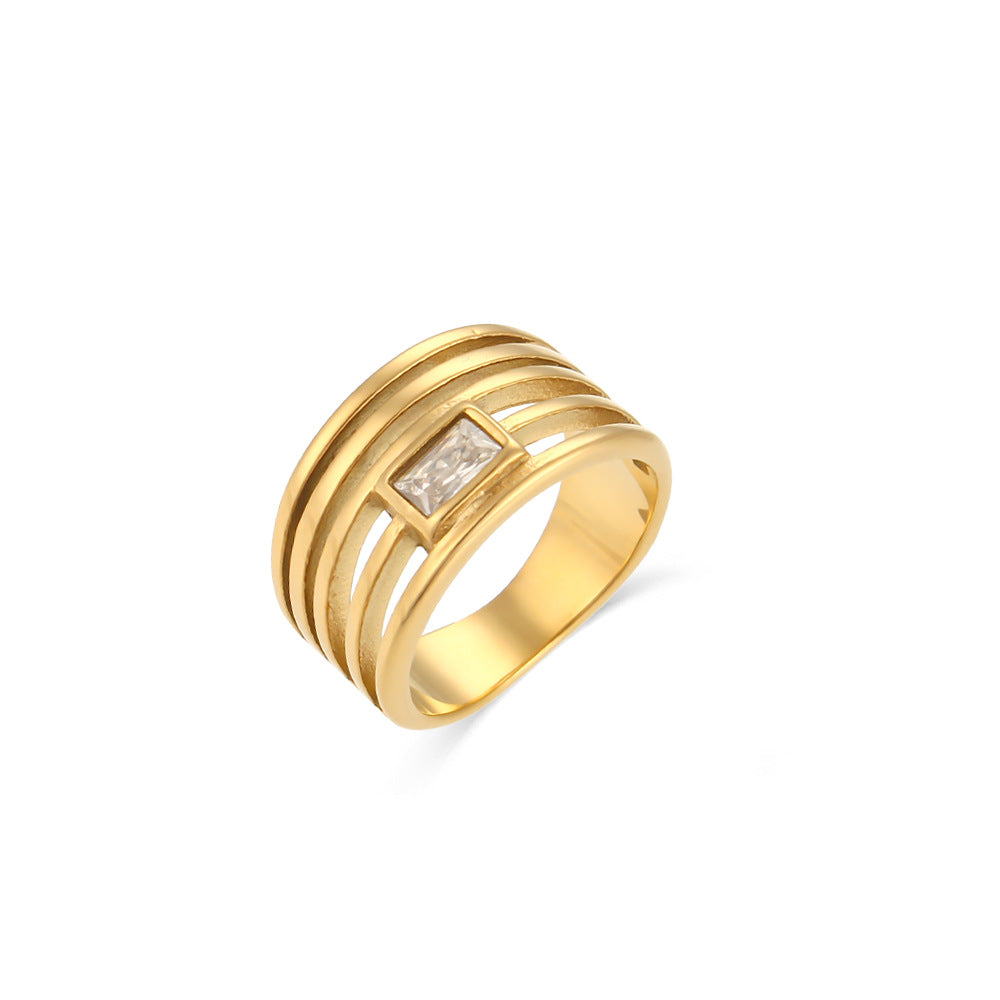 Minimalist Geometric Stainless Steel Ring with 18K Gold Plating and Hollow-Out Design Set with Zircon Inlays