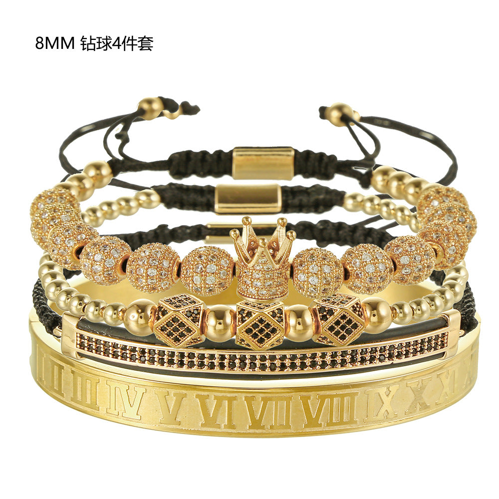 Vintage Punk Geometric Crown Brass Micro-inlay Cubic Zirconia Stainless Steel Braided Bracelet Set for Unisex