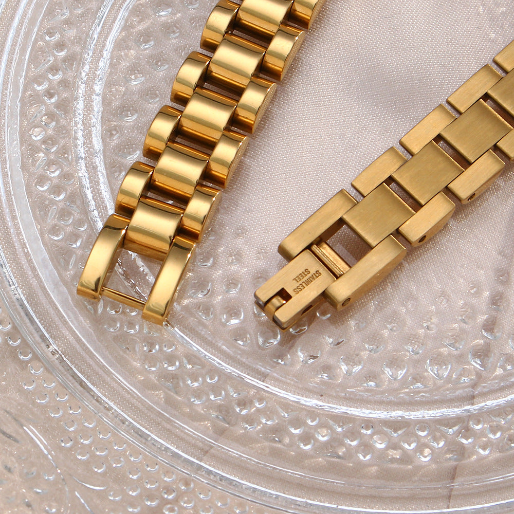 Fashionable Geometric Stainless Steel Plated Bracelet with Zirconia Accents for Women Adjustable Watch Band Jewelry